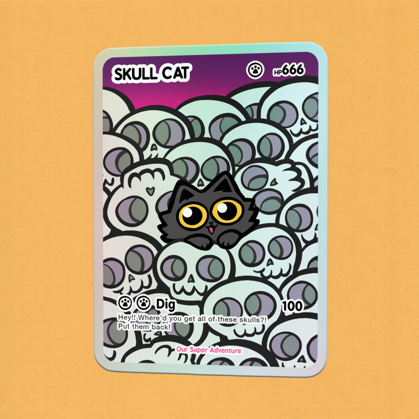 Skull Cat Card Holographic Vinyl Sticker