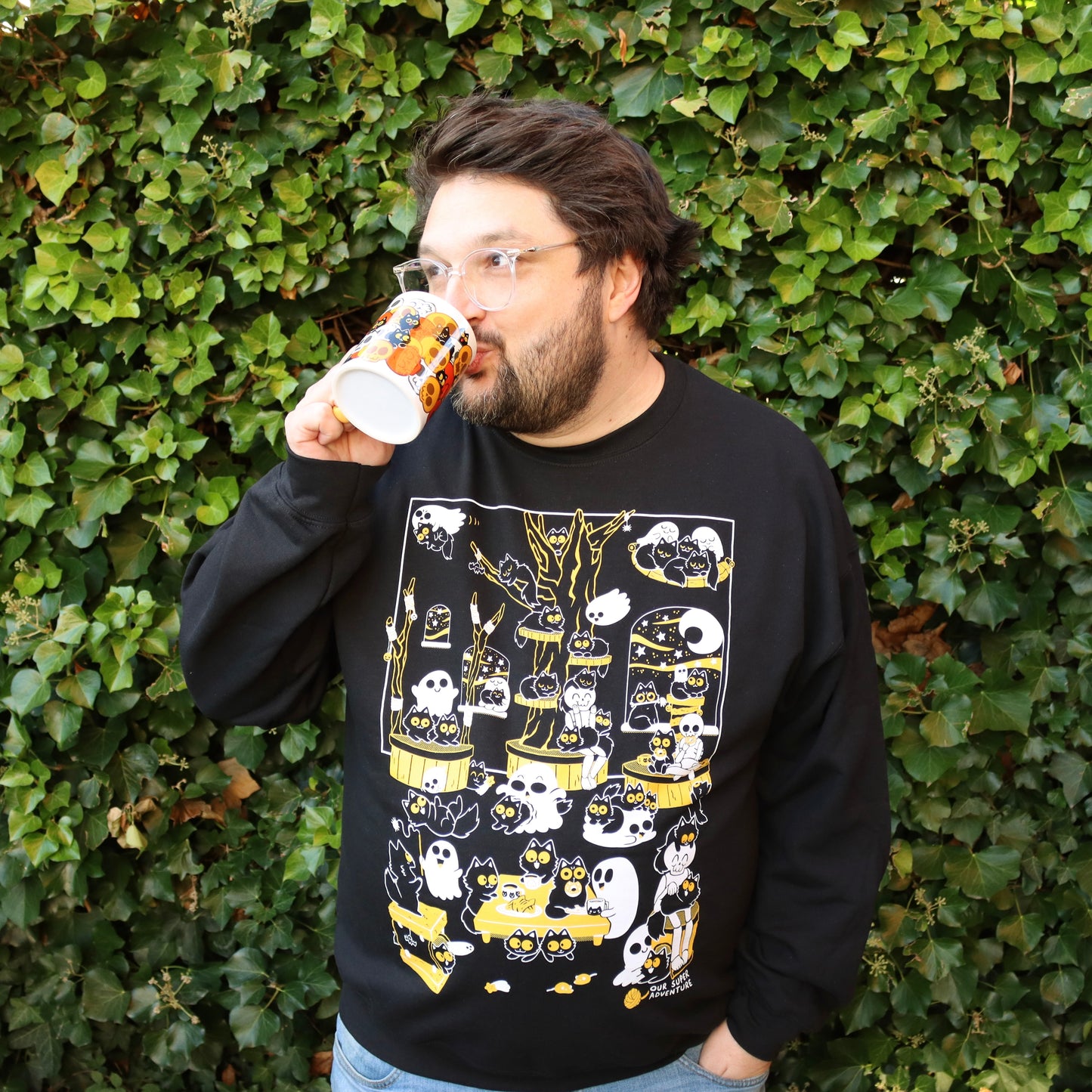 Spooky Cat Cafe Screen-Printed Sweater