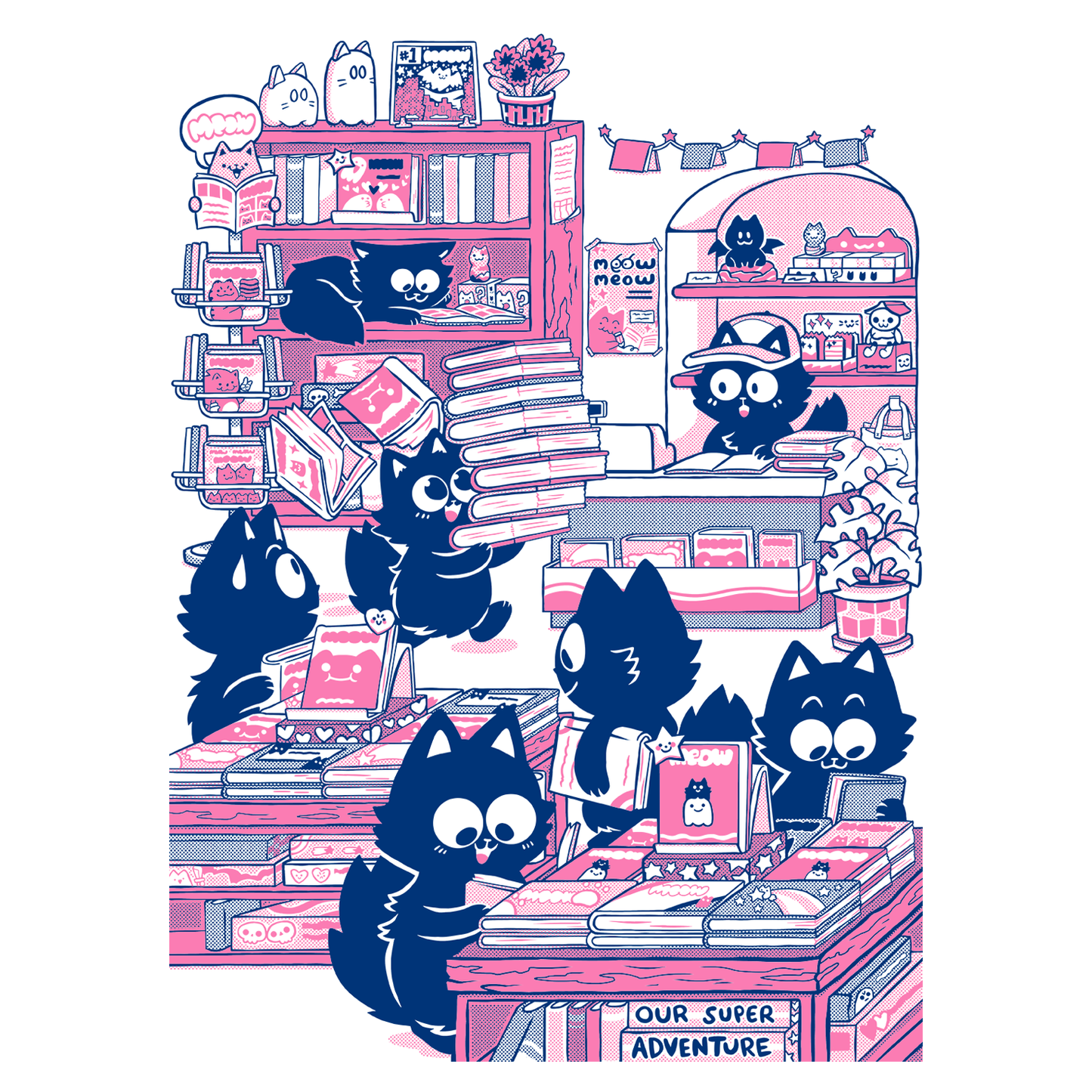 Cat Bookshop Screen-Printed T-Shirt