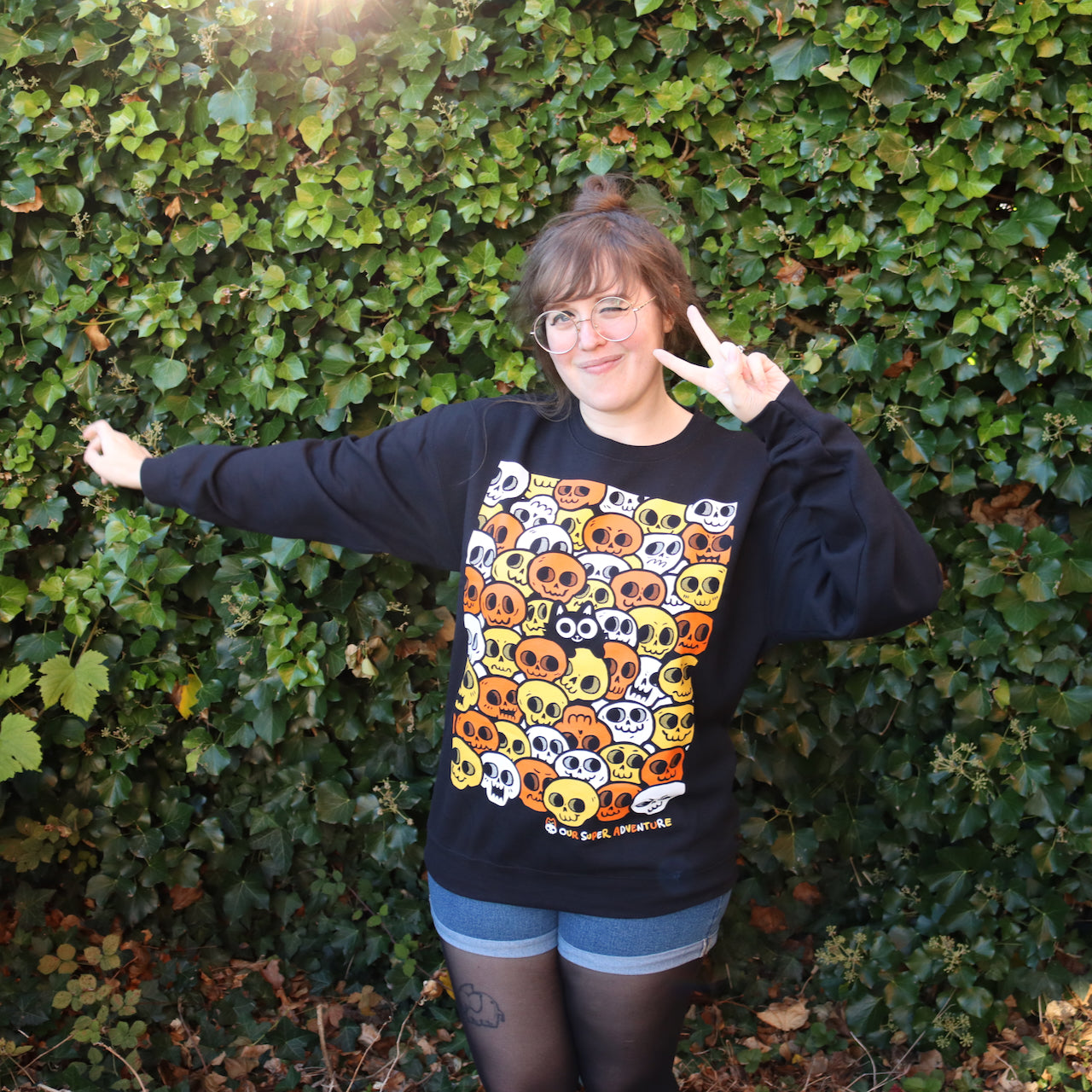 Skull Cat Spooky Candy Screen-Printed Sweater
