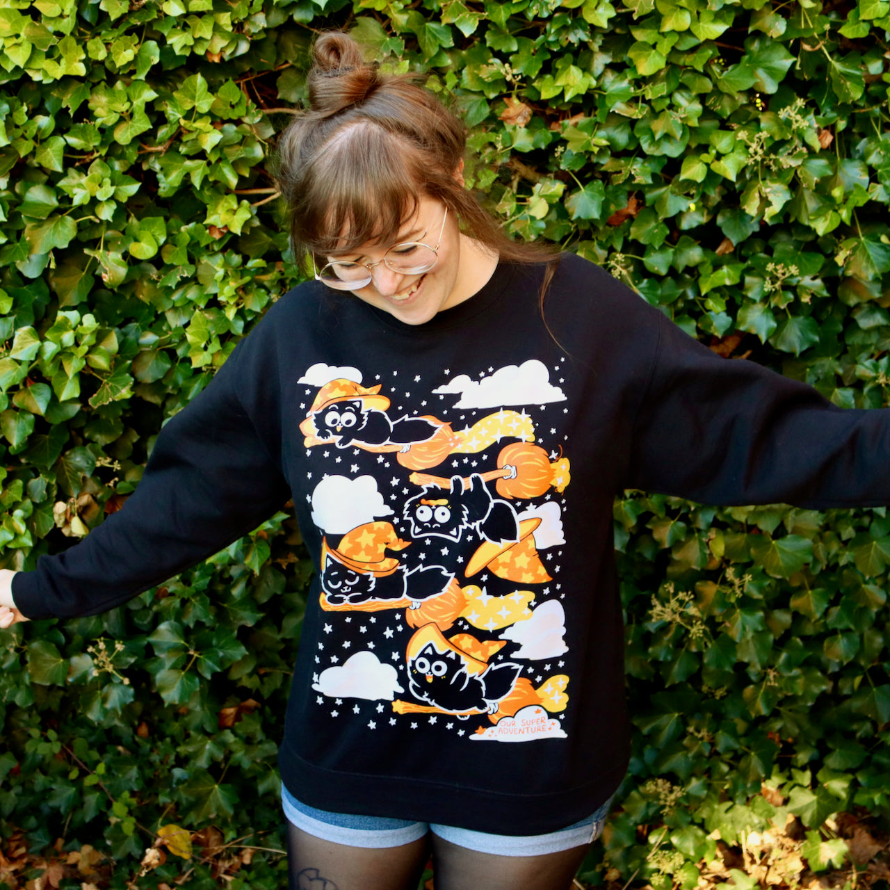 Broomstick Cats Screen-Printed Sweater