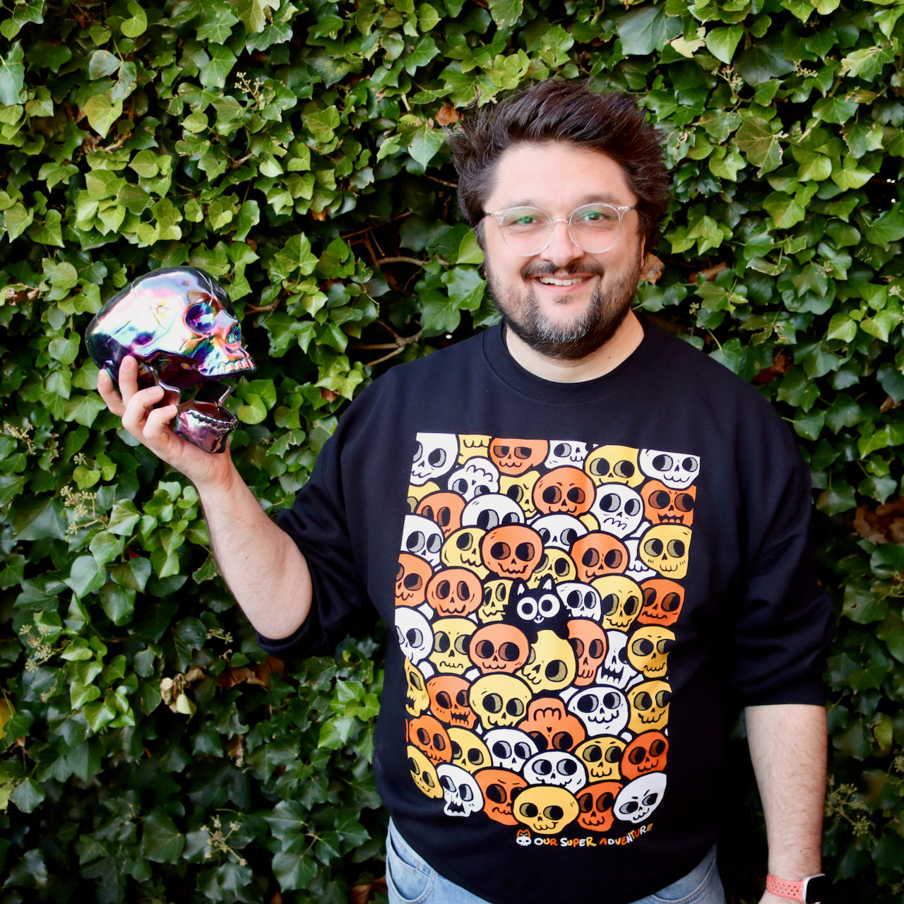 Skull Cat Spooky Candy Screen-Printed Sweater