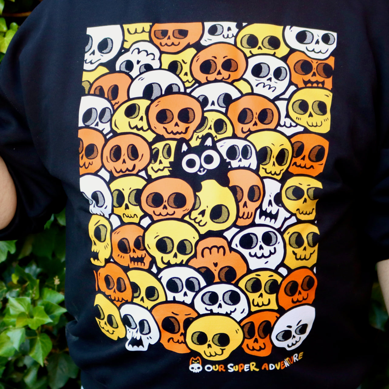 Skull Cat Spooky Candy Screen-Printed Sweater