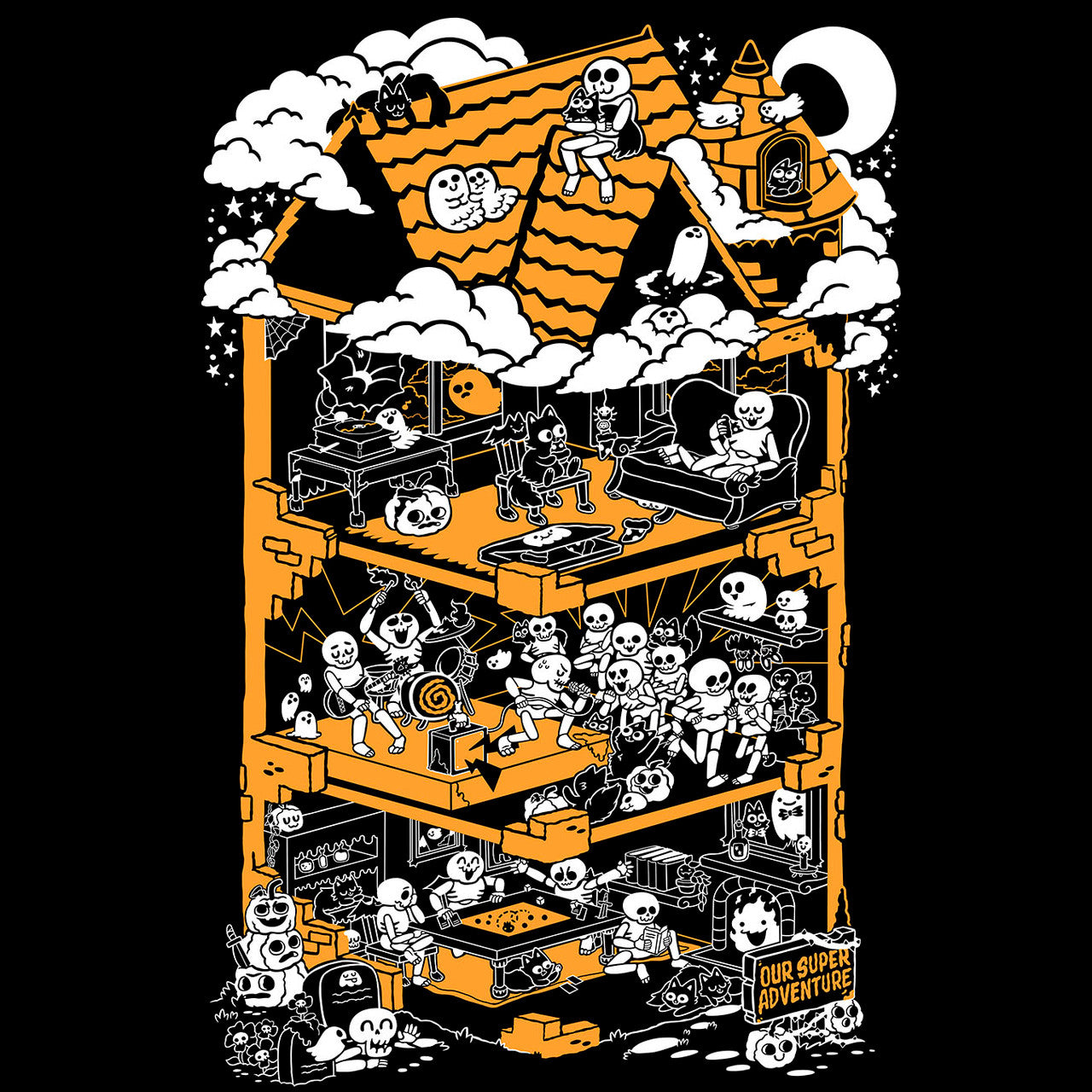 Skeleton House Screen-Printed T-Shirt