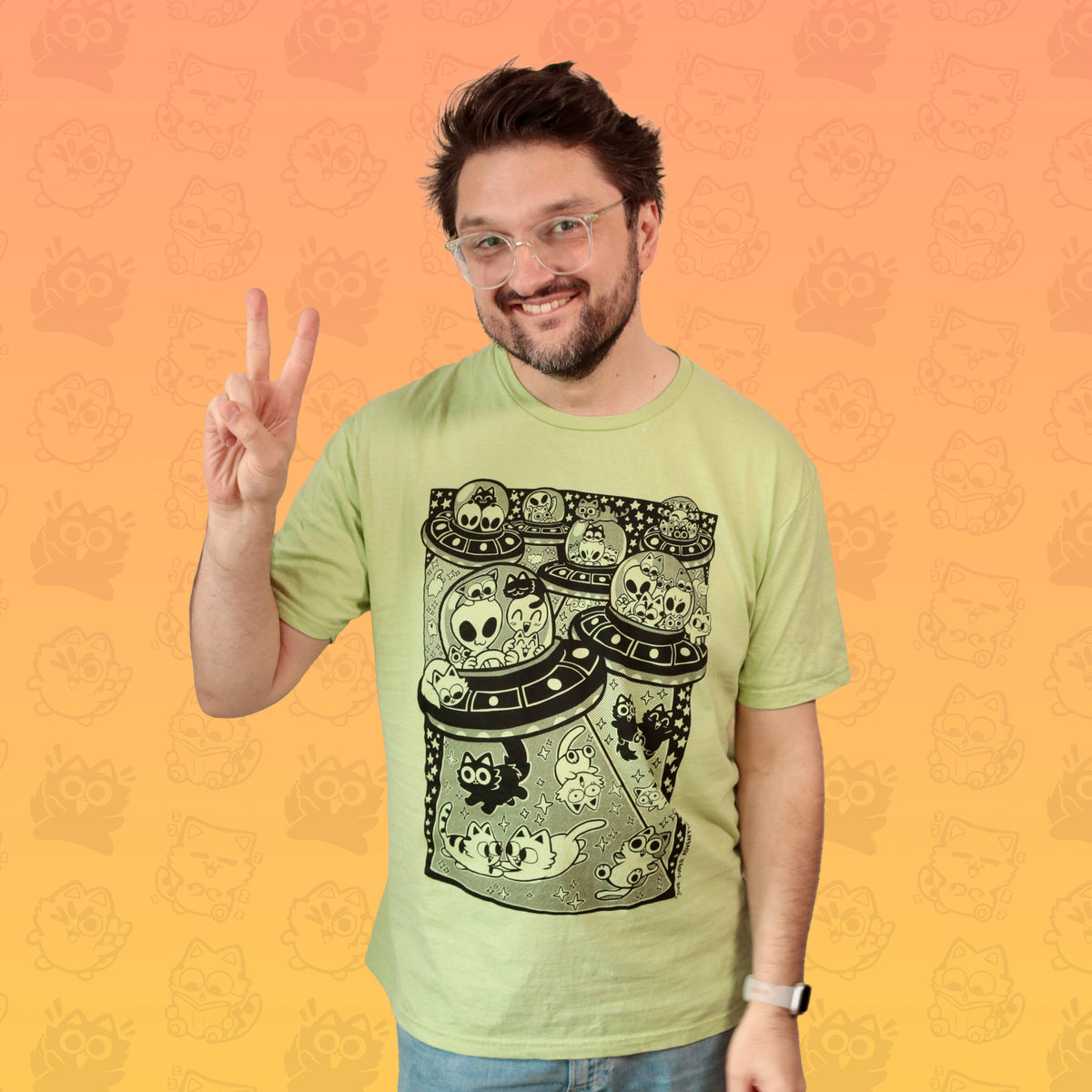 UFO Cat Party Screen-Printed T-Shirt