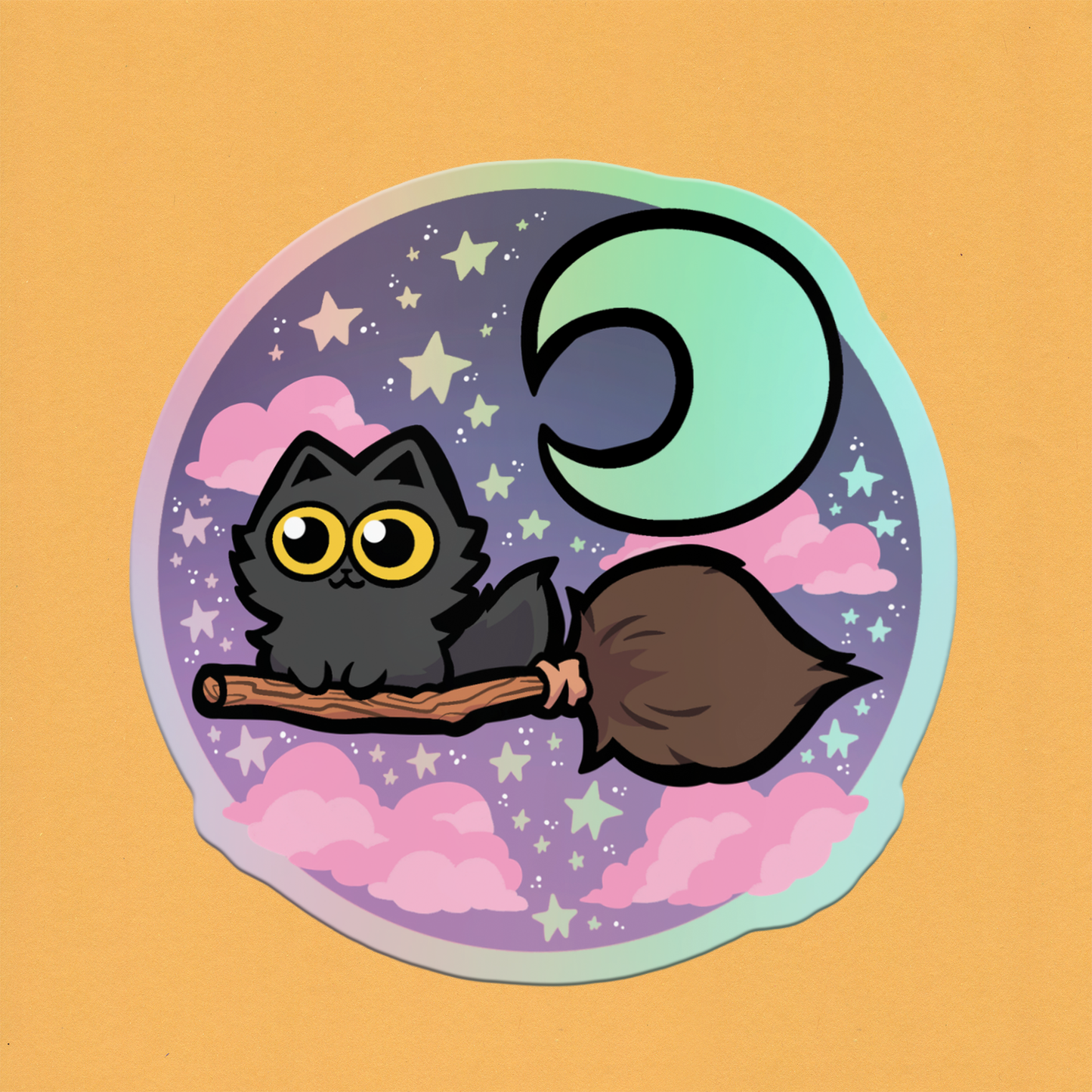 Broomstick Cat Holographic Vinyl Sticker