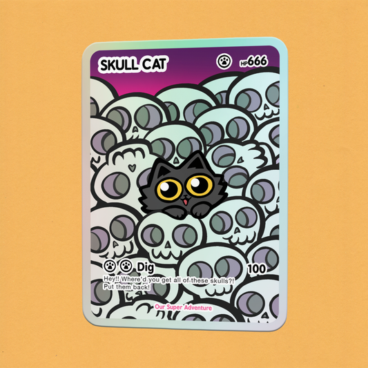 Skull Cat Card Holographic Vinyl Sticker