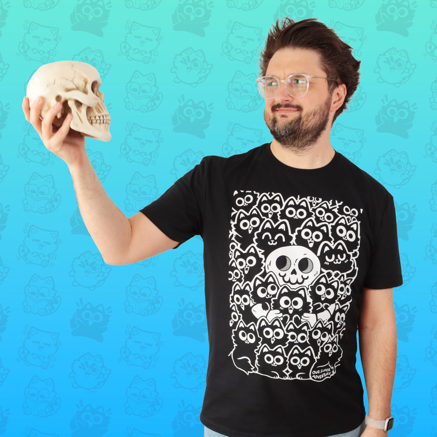 Cat Skeleton Screen-Printed T-Shirt