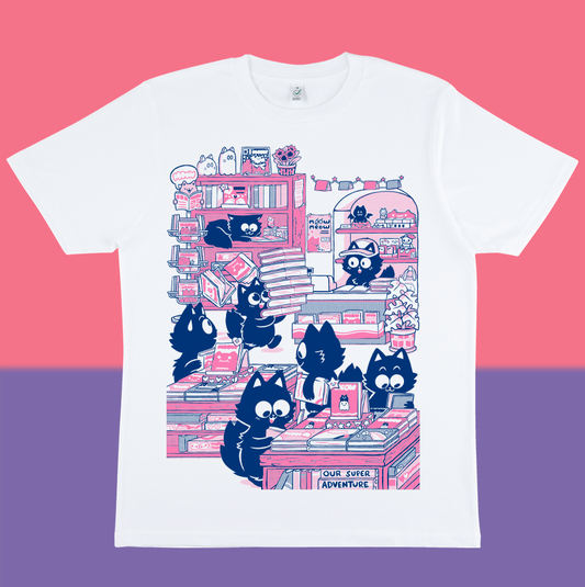 Cat Bookshop Screen-Printed T-Shirt