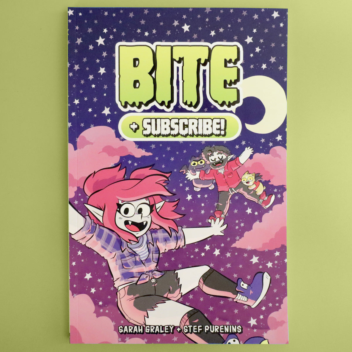 Front cover of Bite + Subscribe! Volume 1 by Sarah Graley and Stef Purenins, illustrated by Sarah Graley