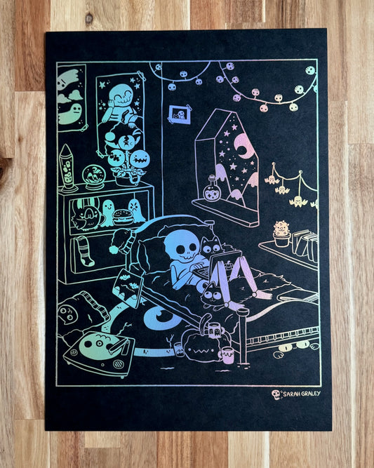 Skeleton Bedroom Holographic Foil A3 Print (Limited Edition)
