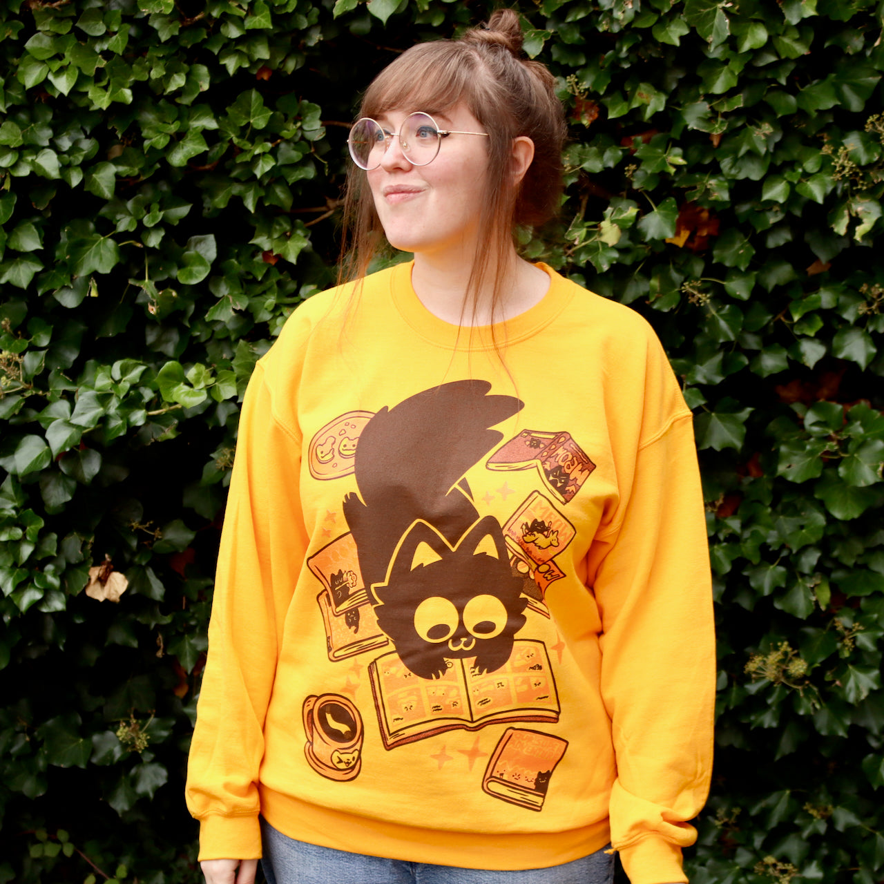 Comic Cat Screen-Printed Sweater