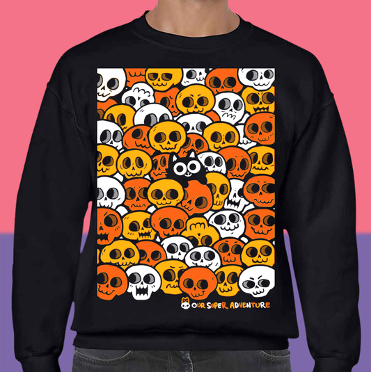 Skull Cat Spooky Candy Screen-Printed Sweater