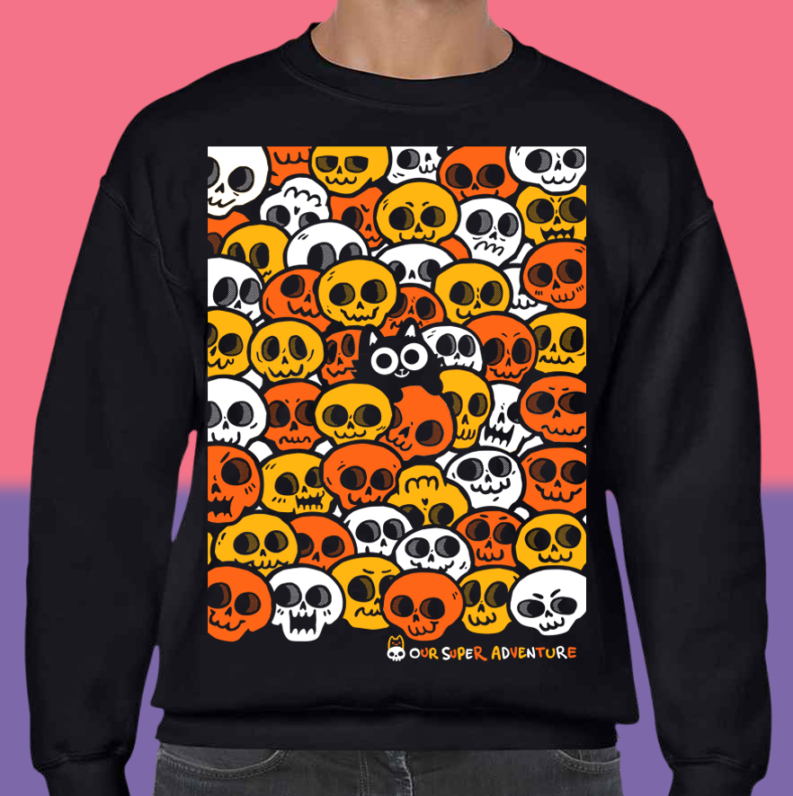 Skull Cat Spooky Candy Screen-Printed Sweater
