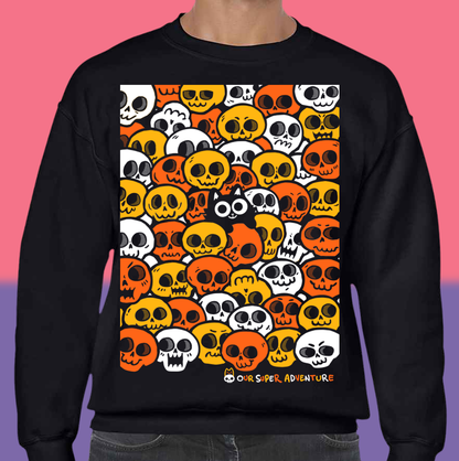 Skull Cat Spooky Candy Screen-Printed Sweater