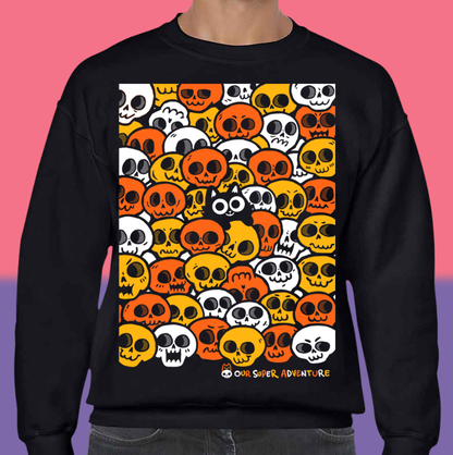Skull Cat Spooky Candy Screen-Printed Sweater